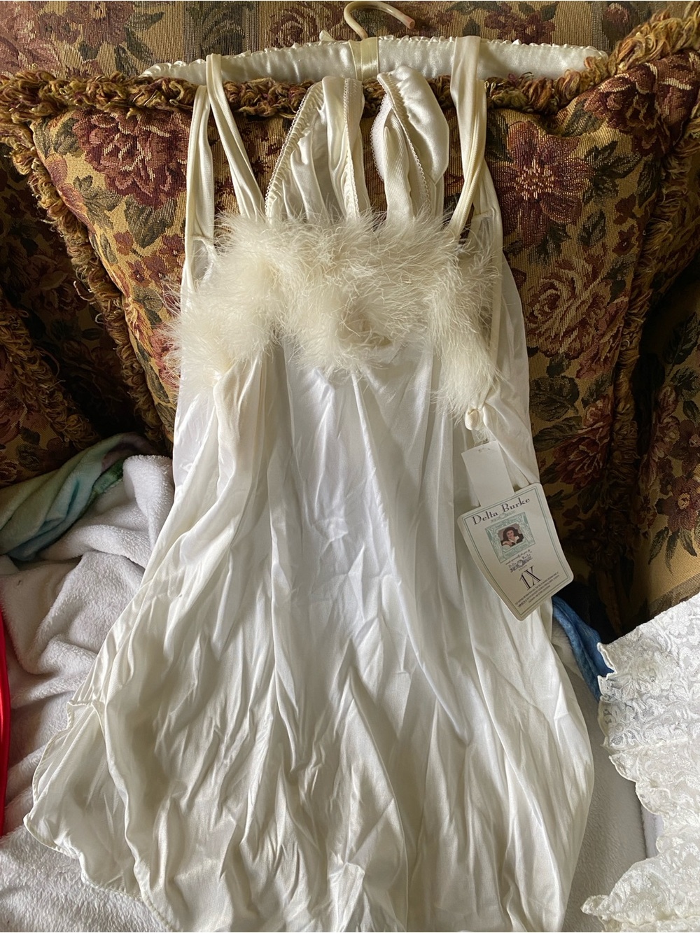 Delta Burke Vintage-Inspired Ivory Satin Slip with Feather Trim